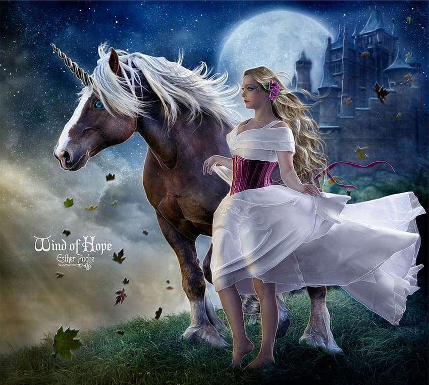 Wind of hope, horse, estherpucheart, girl, wind, moon, fantasy, unicorn, luna, luminos, castle HD wallpaper