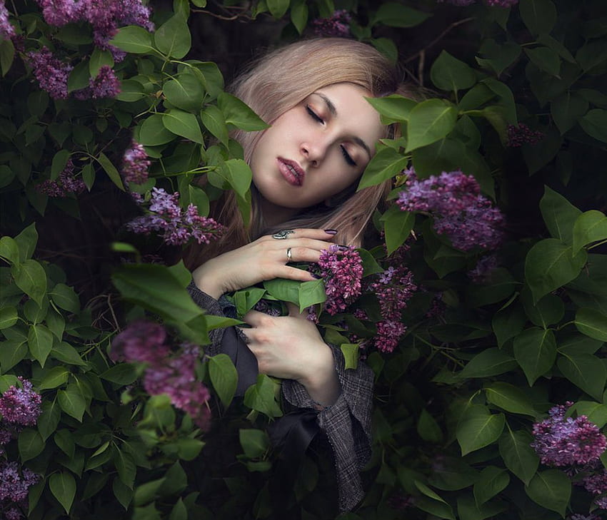 Lilac Beauty, นางแบบ, ดอกไม้, หญิงสาว, นอนหลับ, ความงาม, ม่วง วอลล์เปเปอร์ HD