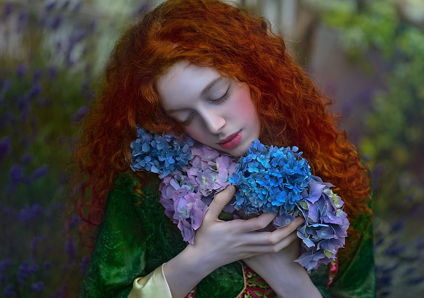 Kecantikan, biru, agnieszka lorek, model, gadis, wanita, ungu, bunga, hijau, ophidia, berambut merah Wallpaper HD
