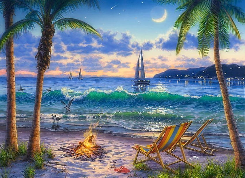 Coastal Twilight, seaside, sea, beaches, attractions in dreams, paradise, paintings, palmtrees, sailboats, getaway, summer, love four seasons, nature, sky, fire, moons HD wallpaper