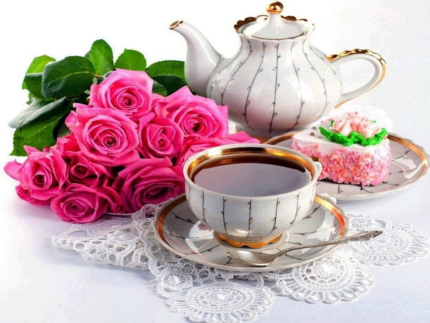 Tea Time, tea pot, tea, cakes, morning, pink roses, table cloth, cup HD wallpaper