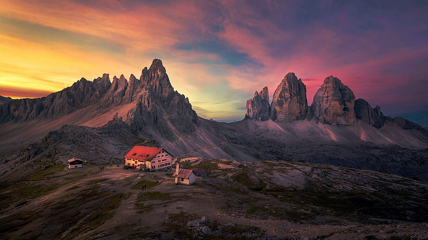 Tyrol du Sud, Italie, clolors, coucher de soleil, tre cime di lavaredo, maison, paysage, ciel, rochers Fond d'écran HD