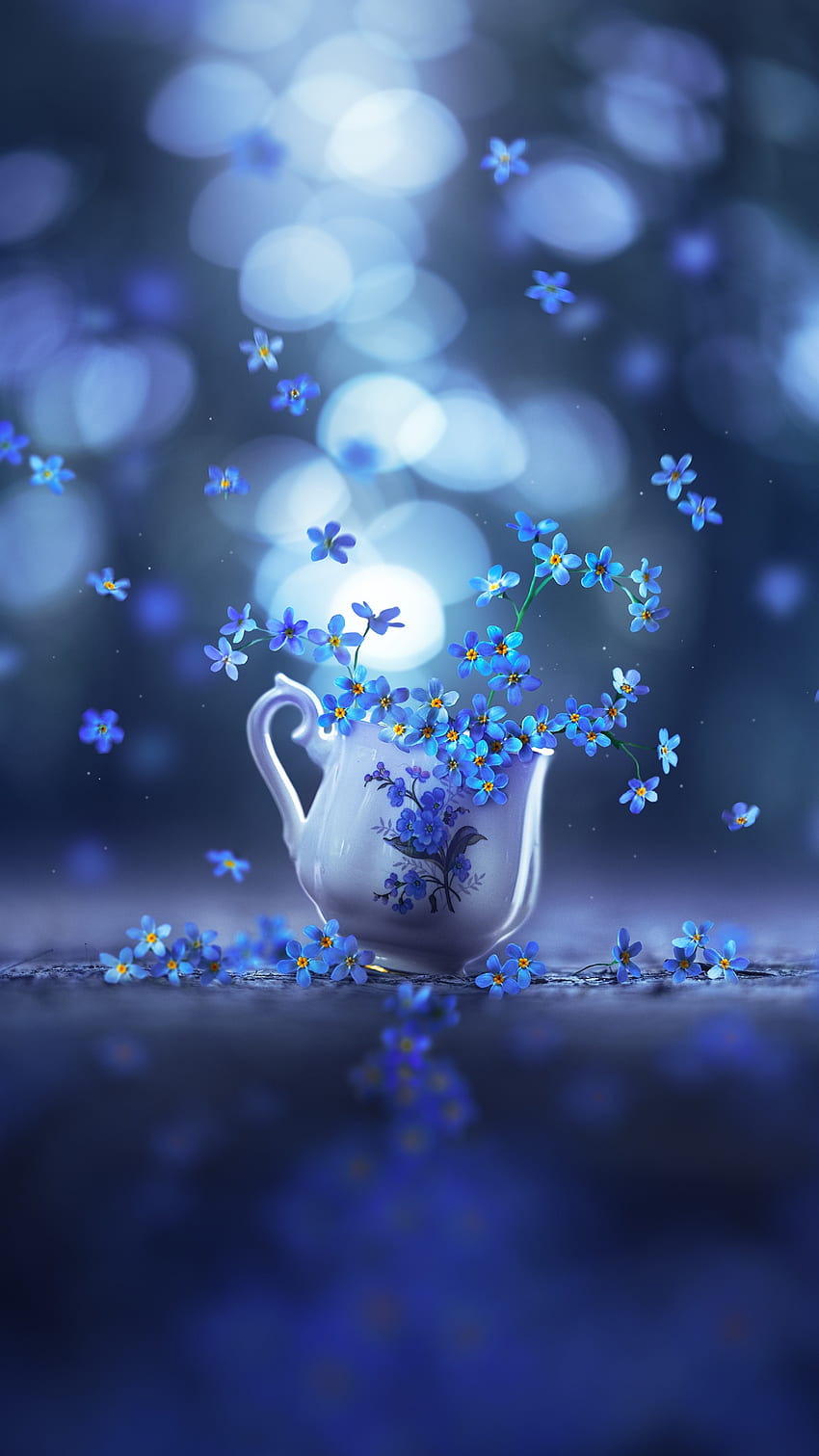 Vergiss mich nicht, elektrisches Blau, fallend, blaue Blumen, Tasse HD-Handy-Hintergrundbild