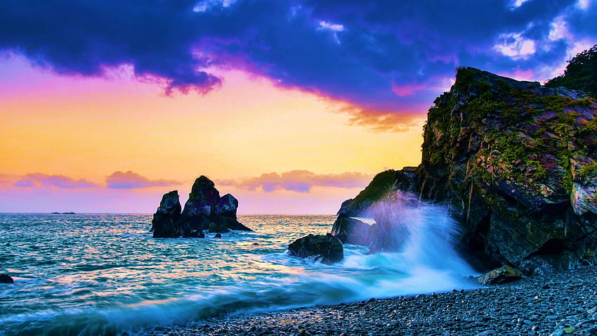 Rocky Coast of Taiwan at Sunset, sky, rocks, sunset, sea, colors, clouds HD wallpaper