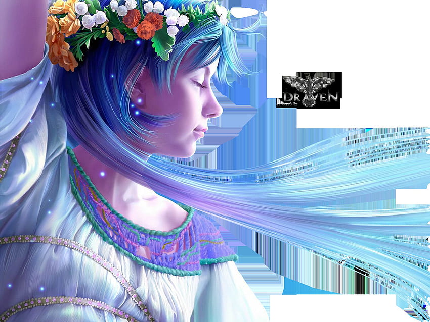 ドレイヴン、花冠、若い女性、ファンタジー、ゲーム、青い髪 高画質の壁紙