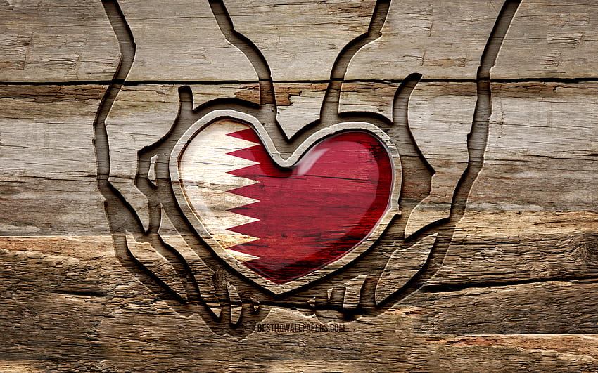 Me encanta Qatar, manos talladas en madera, Día de Qatar, Bandera de Qatar, Bandera de Qatar, Cuidar de Qatar, creativo, Bandera de Qatar, Bandera de Qatar en la mano, Talla de madera, Países asiáticos, Qatar fondo de pantalla