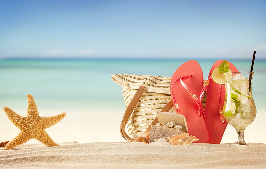 Letnie wakacje, morze, rozgwiazdy, lato, piasek, akcesoria, plaża Tapeta HD