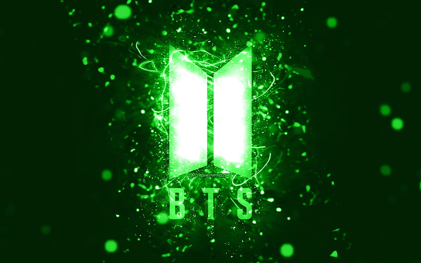 BTS yeşil logosu, yeşil neon ışıklar, yaratıcı, yeşil soyut arka plan, Bangtan Boys, BTS logosu, müzik yıldızları, BTS, Bangtan Boys logosu HD duvar kağıdı
