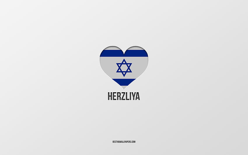 J'aime Herzliya, villes israéliennes, jour d'Herzliya, fond gris, Herzliya, Israël, coeur de drapeau israélien, villes préférées, Love Herzliya Fond d'écran HD