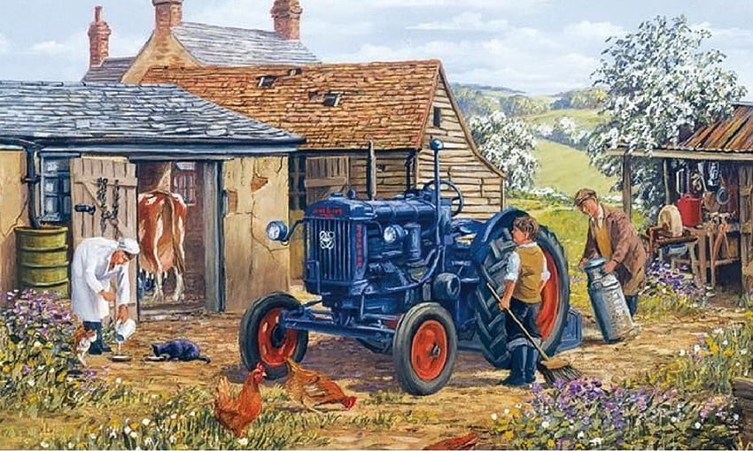Tracteur, maison, bleu, homme HD wallpaper