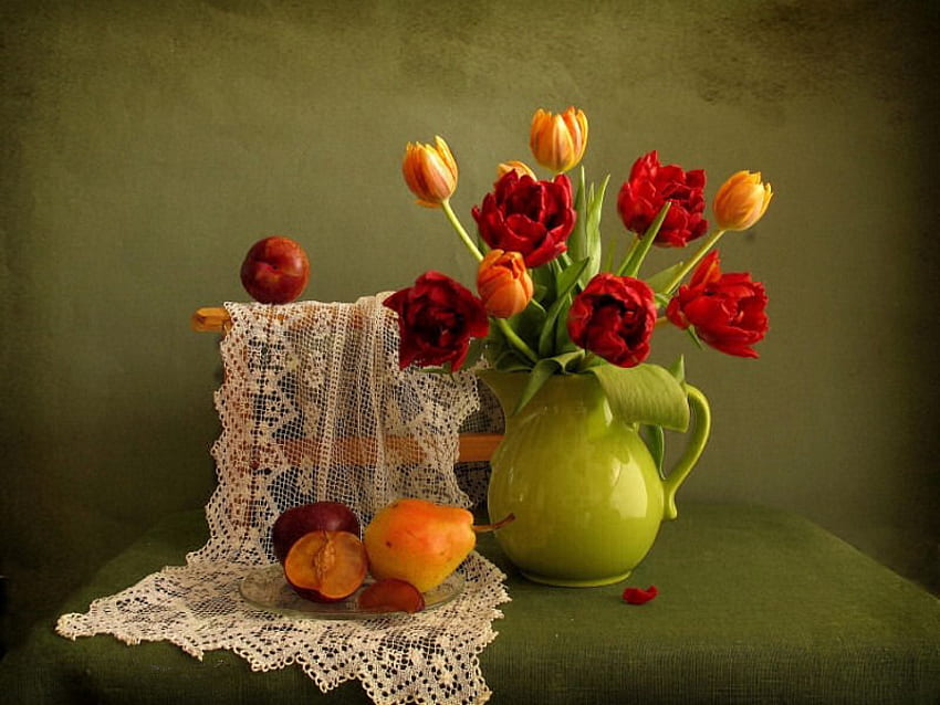 Spring collection, table, pluma, vase, beautiful, fruits, lace, tulips, pears, spring, green, yellow, red, blooming HD wallpaper
