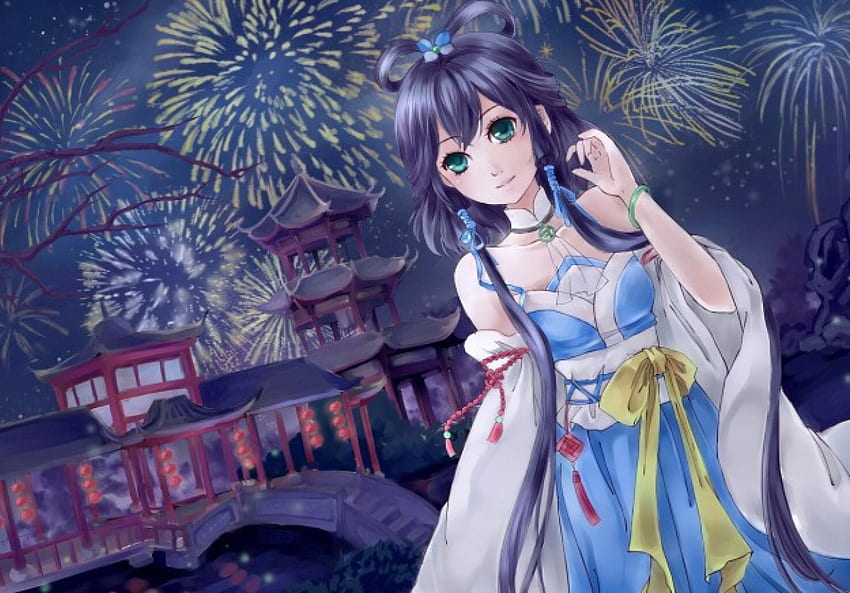 Luo Tiany, Nacht, Landschaft, Original, chinesisches Kleid, Mädchen, Vocaloid, lange Haare, orientalisch HD-Hintergrundbild