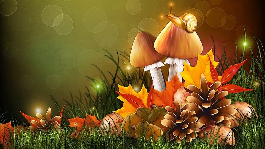 Autumn Bright and Pretty, fall, pine cones, snails, grass, mushrooms, Firefox Persona theme, toadstools, leaves, lights, autumn HD wallpaper