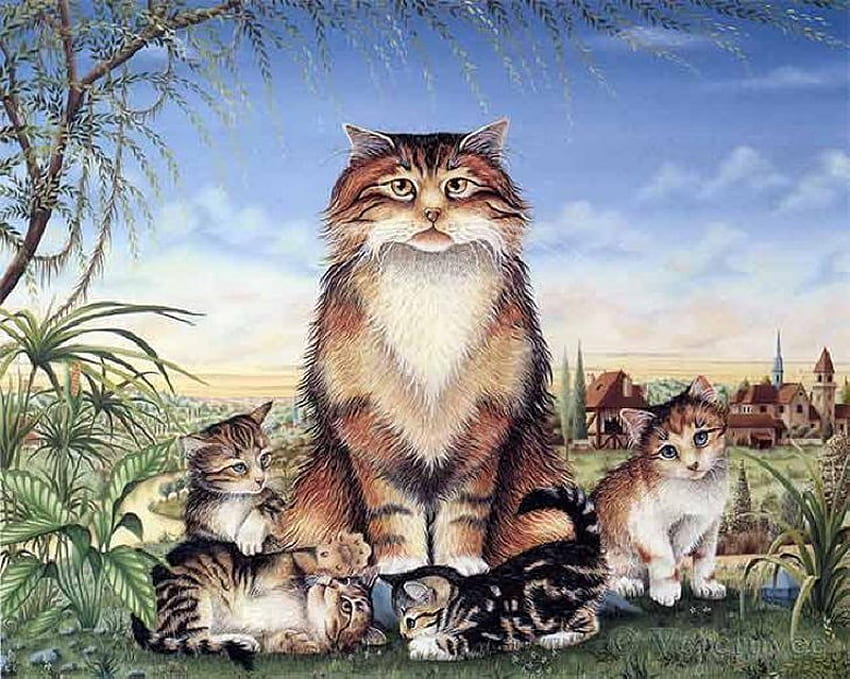 엄마와 우리, 고양이, , 예술, 엄마, 어머니, 고양이, 애완 동물 HD 월페이퍼