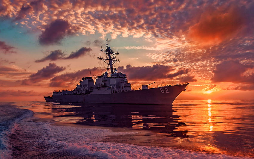 USS Lassen, sunset, destroyer, United States Navy, DDG-82, US army, battleship, US Navy, Arleigh Burke-class, USS Lassen DDG-82 HD wallpaper