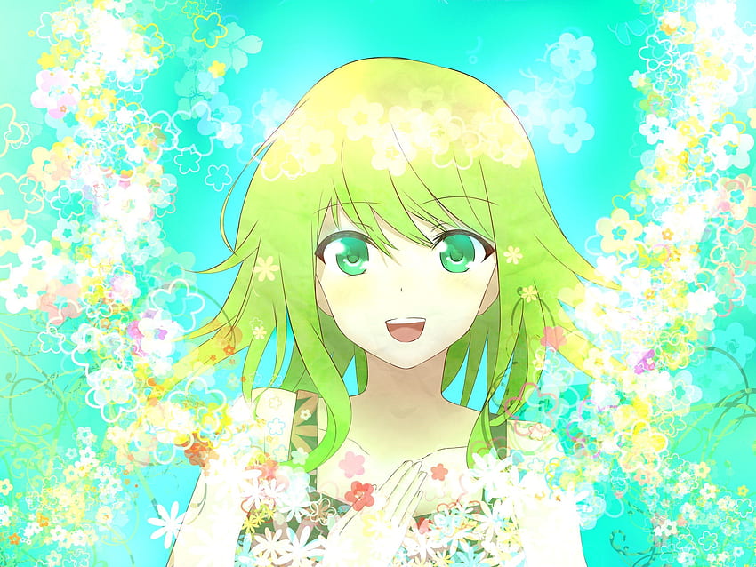 Vocaloid bunga mata hijau rambut pendek rambut hijau buka mulut gadis anime Megpoid Gumi . Wallpaper HD