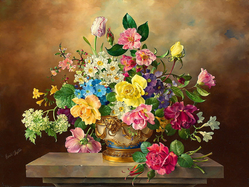 Vase mit Blumen, bunt, Zimmer, Kunst, Vase, schön, schön, Stillleben, Blätter, zart, hübsch, Blütenblätter, Frische, Natur, Blumen, lieblich HD-Hintergrundbild