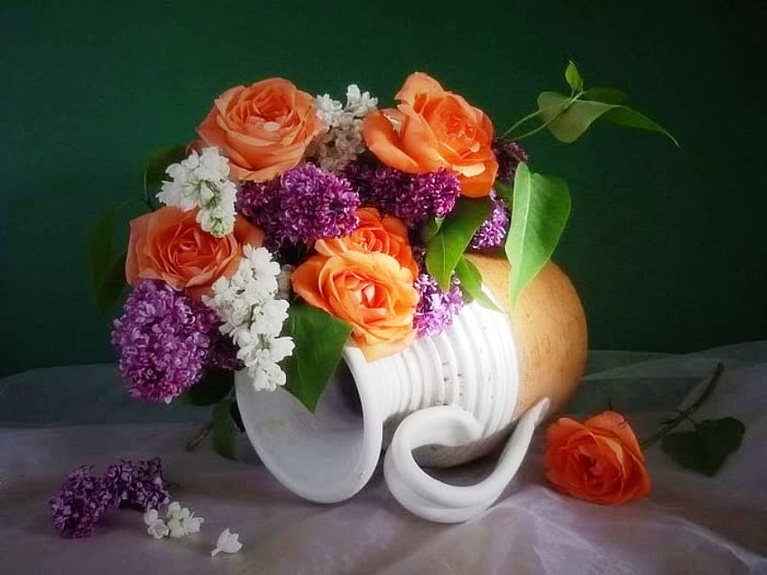 Still life for my friend Applebloom (Lena ), colorful, bouquet, color, roses, beautiful, still life, delicate, nature, flowers, lilac HD wallpaper