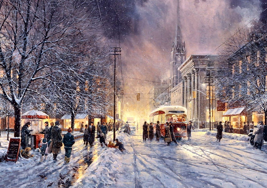 Winter Street F, winter, architecture, art, beautiful, cityscape, four seasons, artwork, scenery, wide screen, painting, snow HD wallpaper