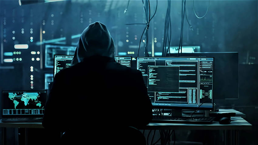 Anonimowy haker pracuje, zaawansowana technologia, i tło, anonimowy komputer Tapeta HD