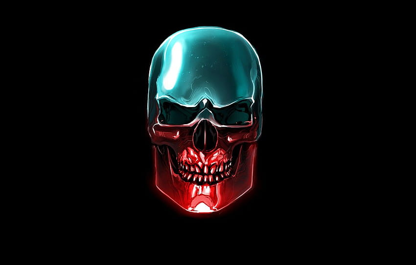 blue, red, skull, head, skeleton, black background for , section минимализм, Skull Head HD wallpaper