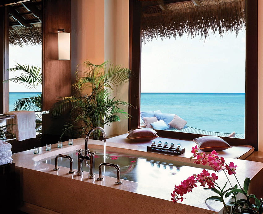 Reethi Rah Vista desde el baño de Grand Villa Water Bungalow Maldives, bungalow de agua, azul, baño, baño, tropical, vista, Maldivas, vacaciones, agua, océano, bañera de hidromasaje, mar, lujo, habitación, exótico, paraíso, jacuzzi, suite , laguna, retiro, villa de agua, Reethi Rah, vista, piedra, spa, paz, feng shui, resort, orquídeas fondo de pantalla
