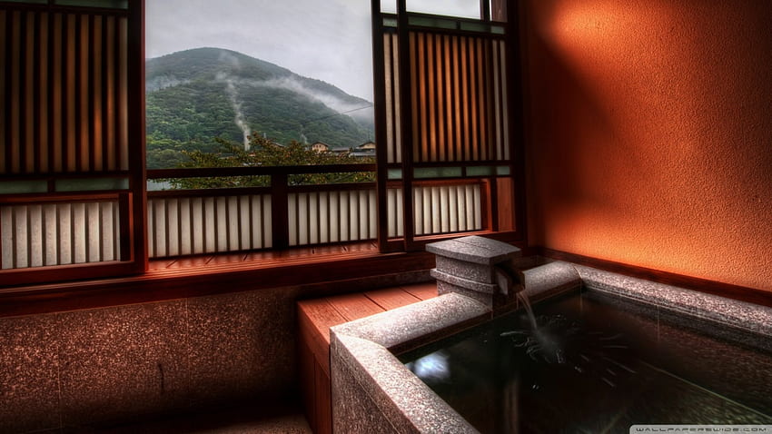 bagno giapponese con vista, vasca da bagno, bagno, finestra, montagna Sfondo HD