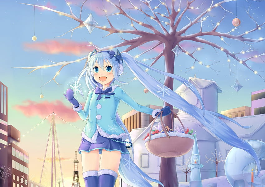 Hatsune Miku, winter, crystal, vocaloid, twin tails, long hair, miku, snowflakes, holiday, scenery, vocaloids, snow, twintails, scenic, happy, cloud, female, merry christmas, scene, smile, house, blue hair, girl, tree, anime girl, anime, christmas, building, view, sky HD wallpaper