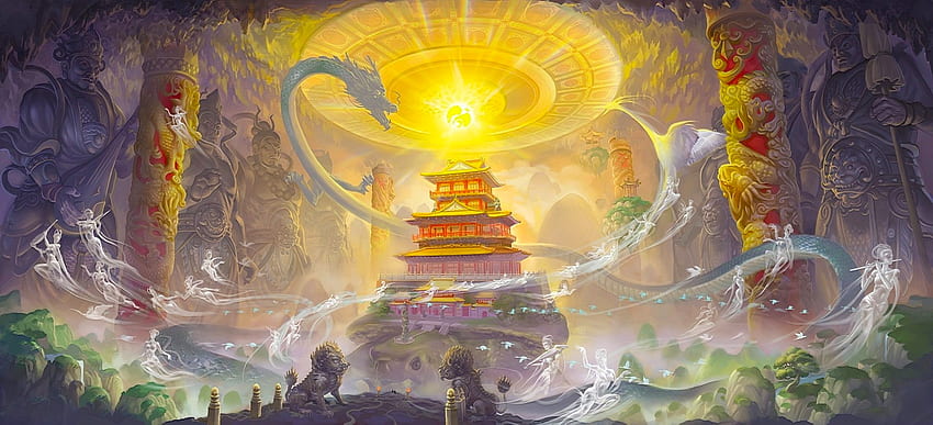 Pagoda of Spirits, asian, art, temple, pagoda, girl, beautiful, woman, digital, ghost, fantasy, fine art, pretty, dragon, pagode HD wallpaper