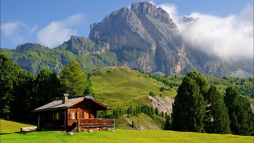 Cabaña en Val Gardena, Italia, nubes, Tirol del sur, cielo, montaña fondo de pantalla