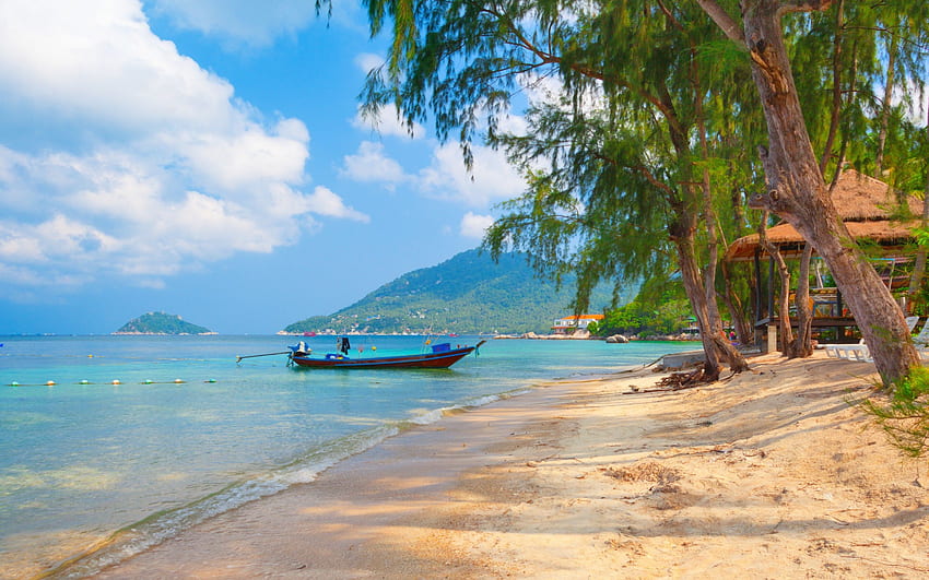 Koh Tao, Tailandia, barco, playa, árbol, mar, trópicos, arena, nubes Naturaleza, Koh Samui fondo de pantalla