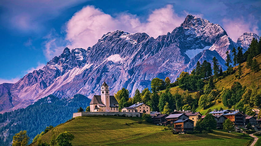 Colle Santa Lucia, Dolomit, Italia, gereja, pegunungan Alpen, desa, awan, tyrol selatan, langit Wallpaper HD