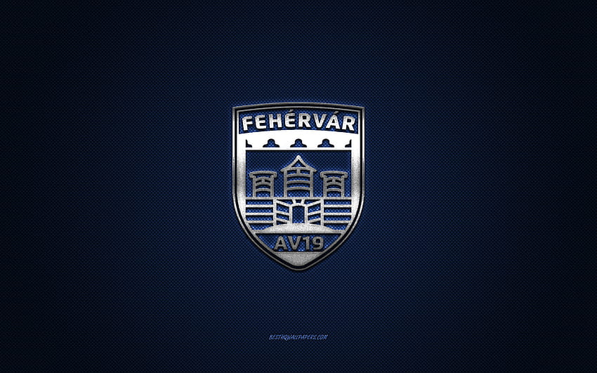 Fehervar AV19, węgierski klub hokejowy, EIHL, niebieskie logo, niebieskie tło z włókna węglowego, Elite Ice Hockey League, hokej, Węgry, logo Fehervar AV19 Tapeta HD