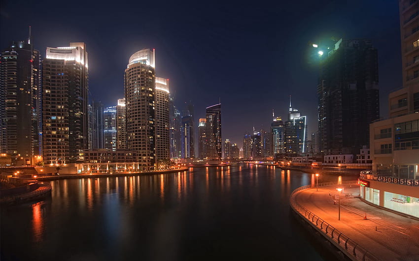 Kota, Air, Malam, Kota, Lampu, Dubai, Pencakar langit Wallpaper HD