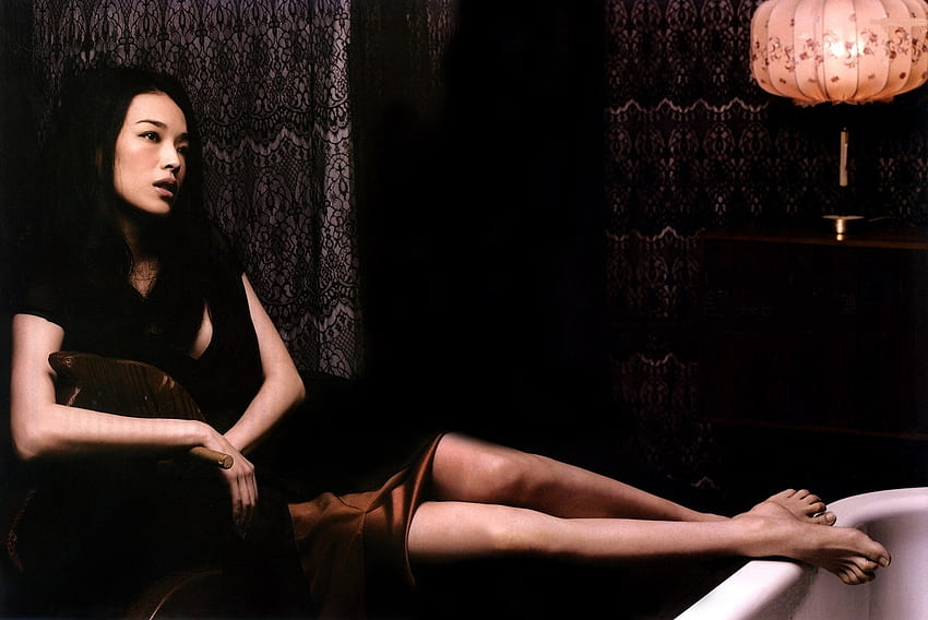 Qi Shu or Shu Qi, dark brunette, sheers, sitting, feet on bathtub, chest with lamp, bronze coloured silk dress, dark background HD wallpaper