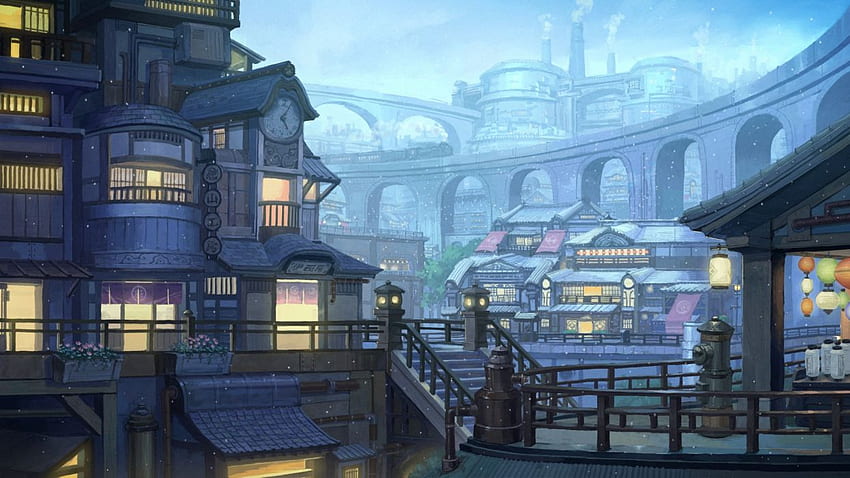 Anime Fantasy World Buildings Bridge Train Traditional HD wallpaper