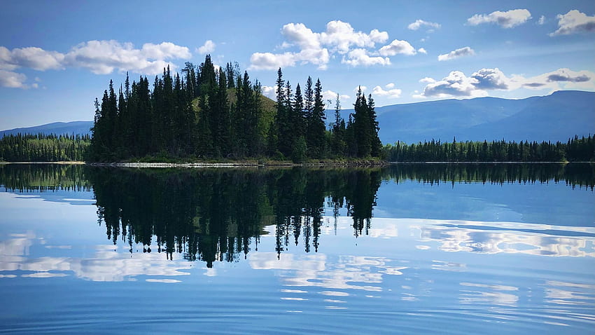 Boya Lake, British Columbia, island, hills, clouds, trees, sky, canada, water, reflections HD wallpaper