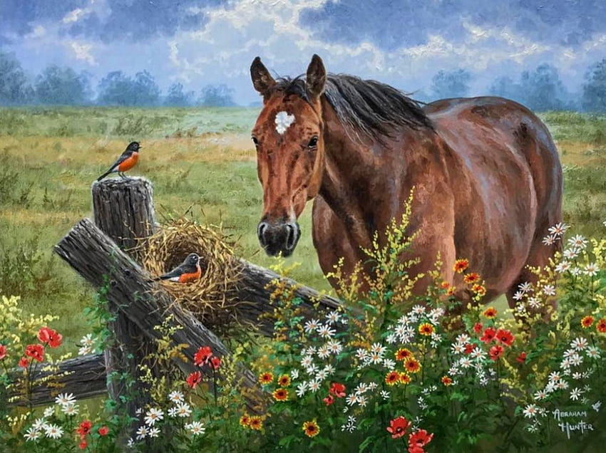 Happy song after the storm, horse, abraham hunter, bird, art, cal, painting, pictura, fence, pasari HD wallpaper