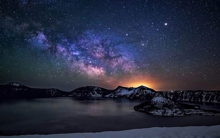 Crater Lake Night Sky With Star Milkyway, Stars HD wallpaper