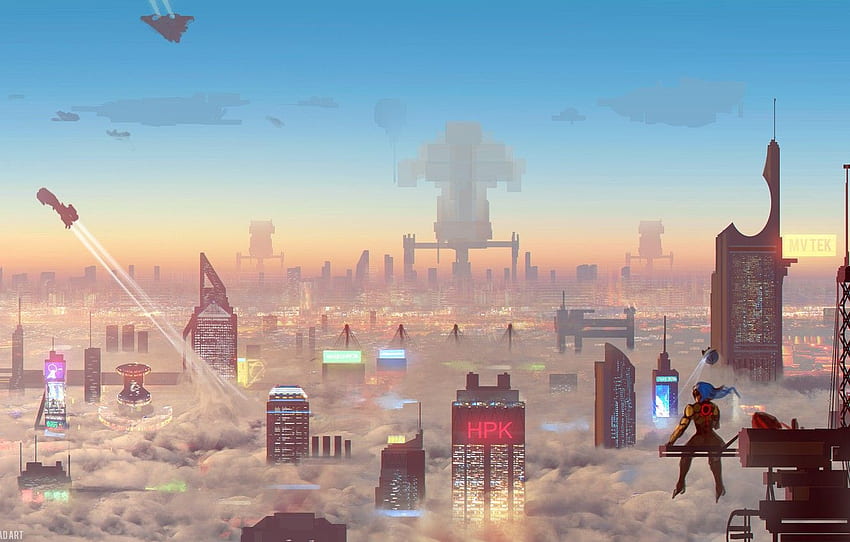 The sky, Clouds, The city, Future, Neon, Skyscrapers, Building, City, Fantasy, Clouds, Sky, Art, Spaceships, Fiction, Neon, Future for , section фантастика HD wallpaper