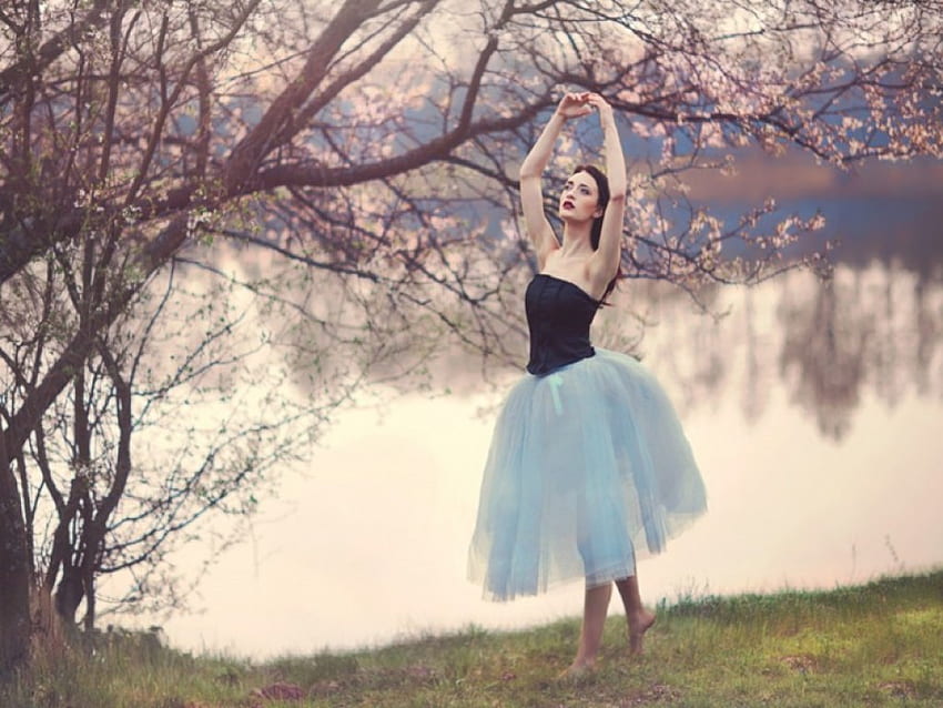 Swan, model, grass, ballet, lake, ballerina, reflection, trees, flower tree, women, water, cherry blossoms HD wallpaper