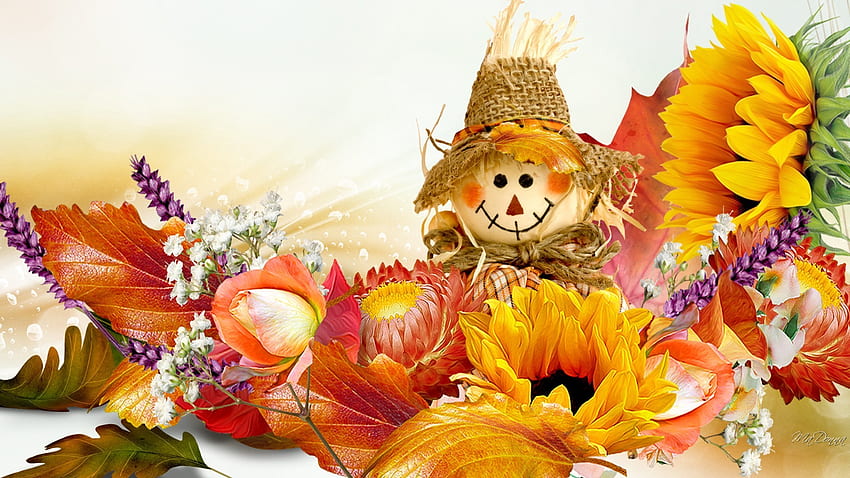 Scarecrow Tag - Autumn Happy Leaves Orange Basics Scarecrow Flowers Smile Gold Fall Rose Doll Sunflowers HD wallpaper