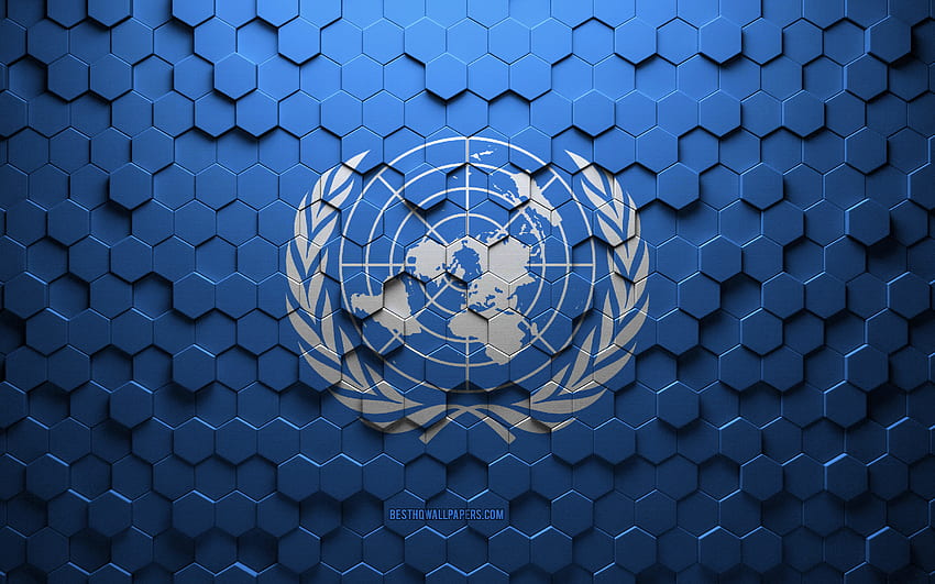 Flagge der Vereinten Nationen, Wabenkunst, Sechseckflagge der Vereinten Nationen, Sechseckkunst der Vereinten Nationen 3d, Flagge der Vereinten Nationen, Vereinte Nationen HD-Hintergrundbild