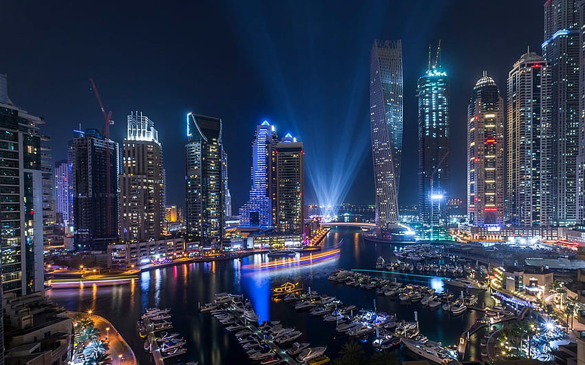 Nocne miasto Dubai Marina. Tło, Dubaj Linia horyzontu Tapeta HD