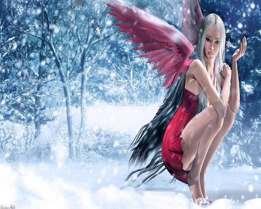 Snow Fairy, invierno, hada, negro, nieve, rojo, bosque fondo de pantalla