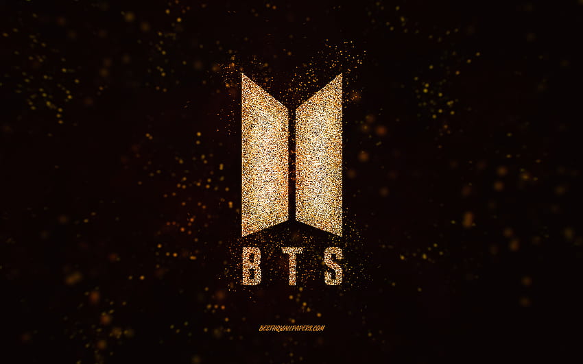 BTS glitter logo, , black background, BTS logo, gold glitter art, BTS, creative art, BTS gold glitter logo HD wallpaper