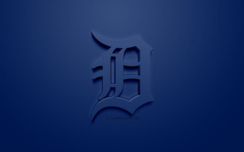 デトロイト タイガース、アメリカの野球クラブ、創造的な 3 D ロゴ、青色の背景、3 D エンブレム、MLB、デトロイト、ミシガン州、アメリカ、メジャー リーグ ベースボール、3 D アート、野球、解像度の 3 D ロゴ。 高い 高画質の壁紙