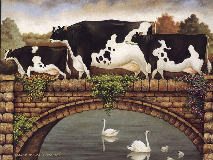 Coming home, white, black, swans, brown, cows, painting, bridge, water, Herero Lowell, domestic HD wallpaper