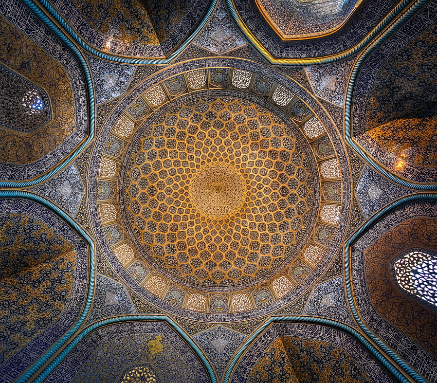 Intricate tile, blue, shapes, design, dome, tile, Iran, Isfahan, gold, interior, turcoise, Sheikh Lotfollah Mosque, yellow, intricate, flowers HD wallpaper
