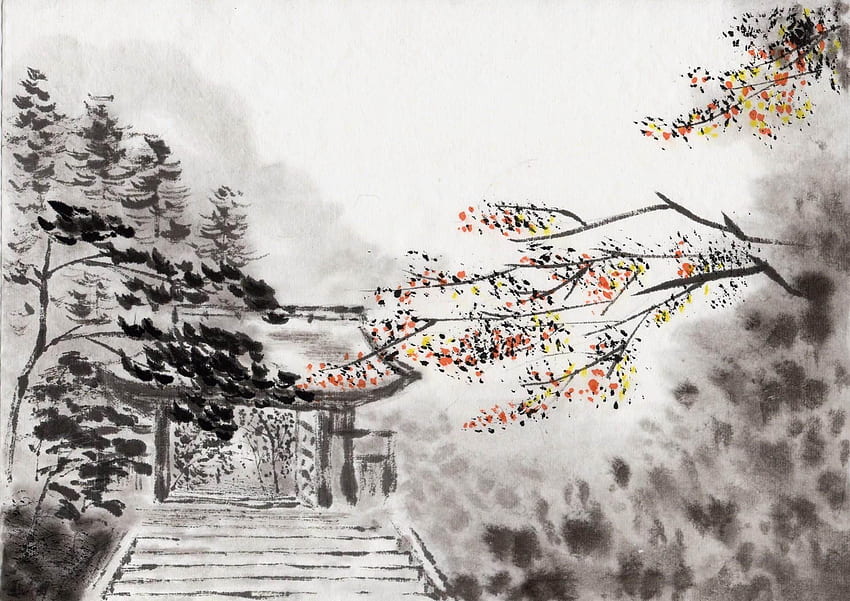 Chinesische Tuschemalerei 14. Chinesische Landschaft, orientalische Kunstwerke, Kunsttafel, Sumi E HD-Hintergrundbild